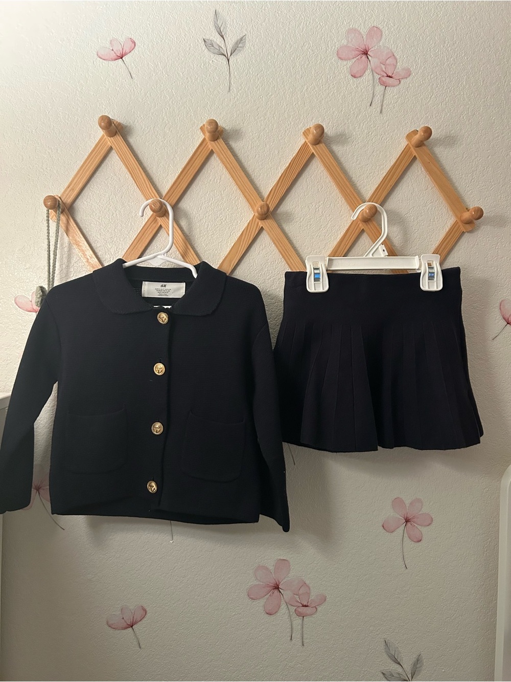 H&M Black Girls Cardigan with Gold Buttons & Pleated Skirt